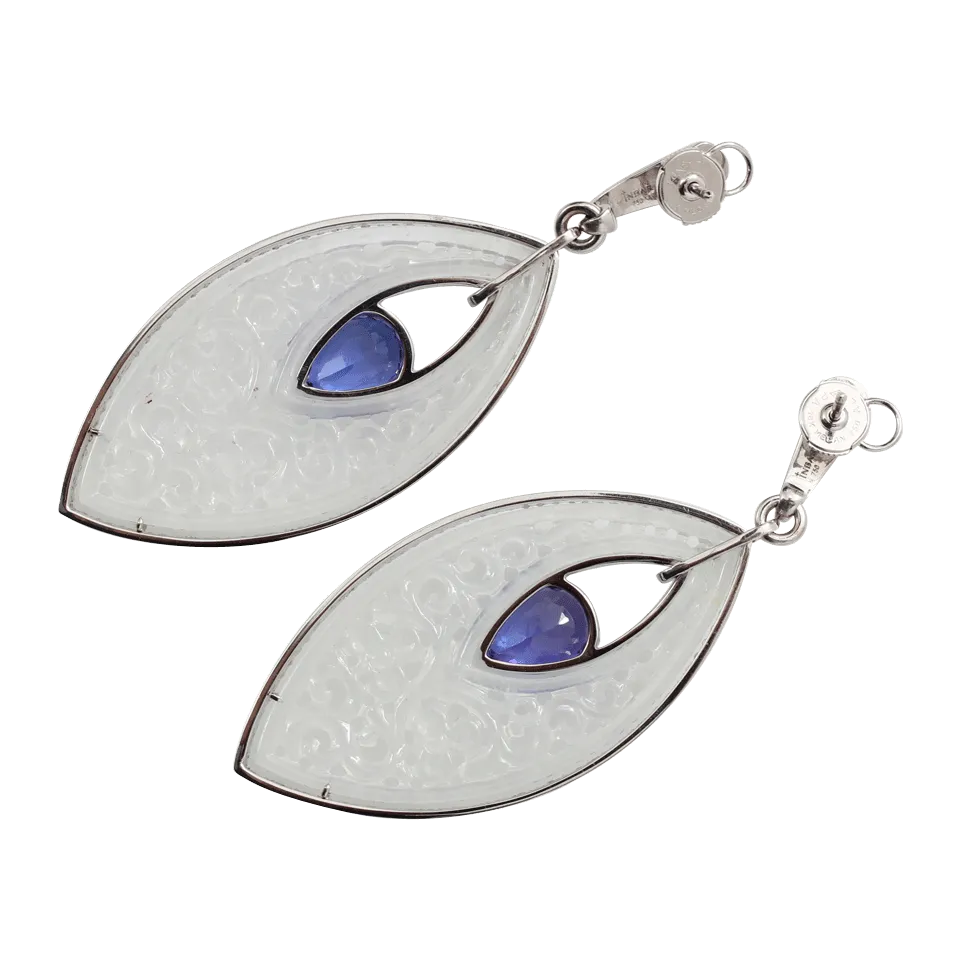 Carved White Jade And Tanzanite Earrings