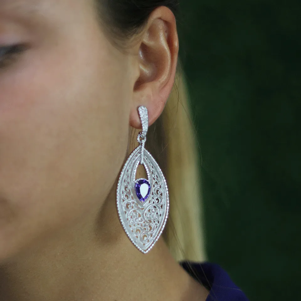 Carved White Jade And Tanzanite Earrings