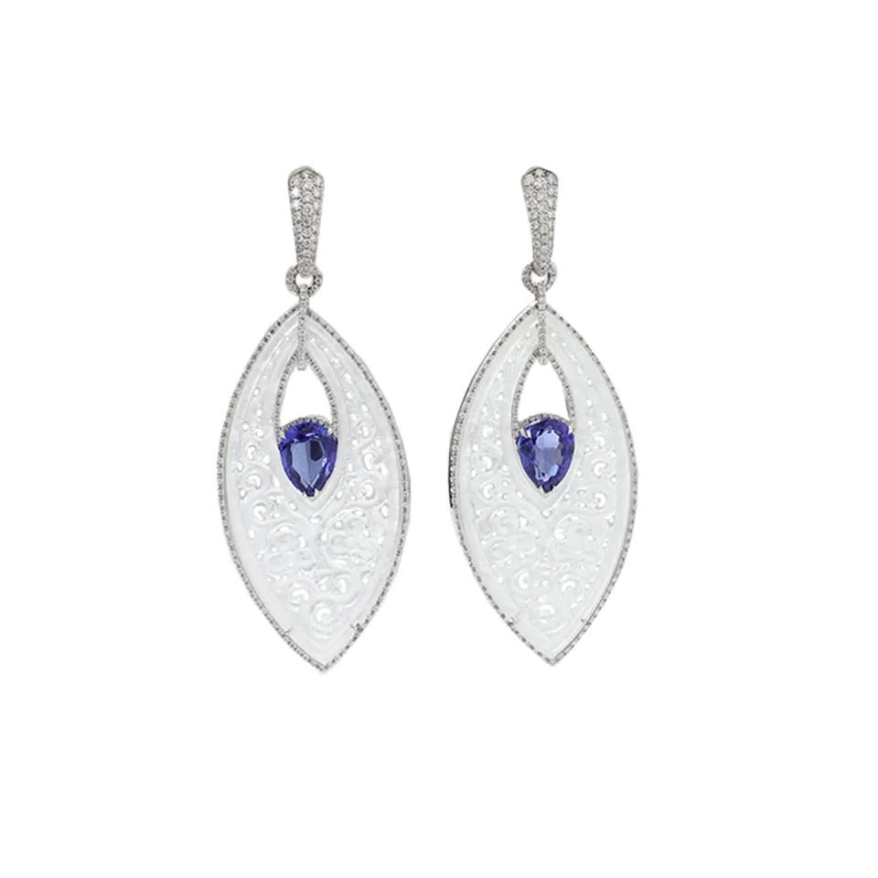 Carved White Jade And Tanzanite Earrings