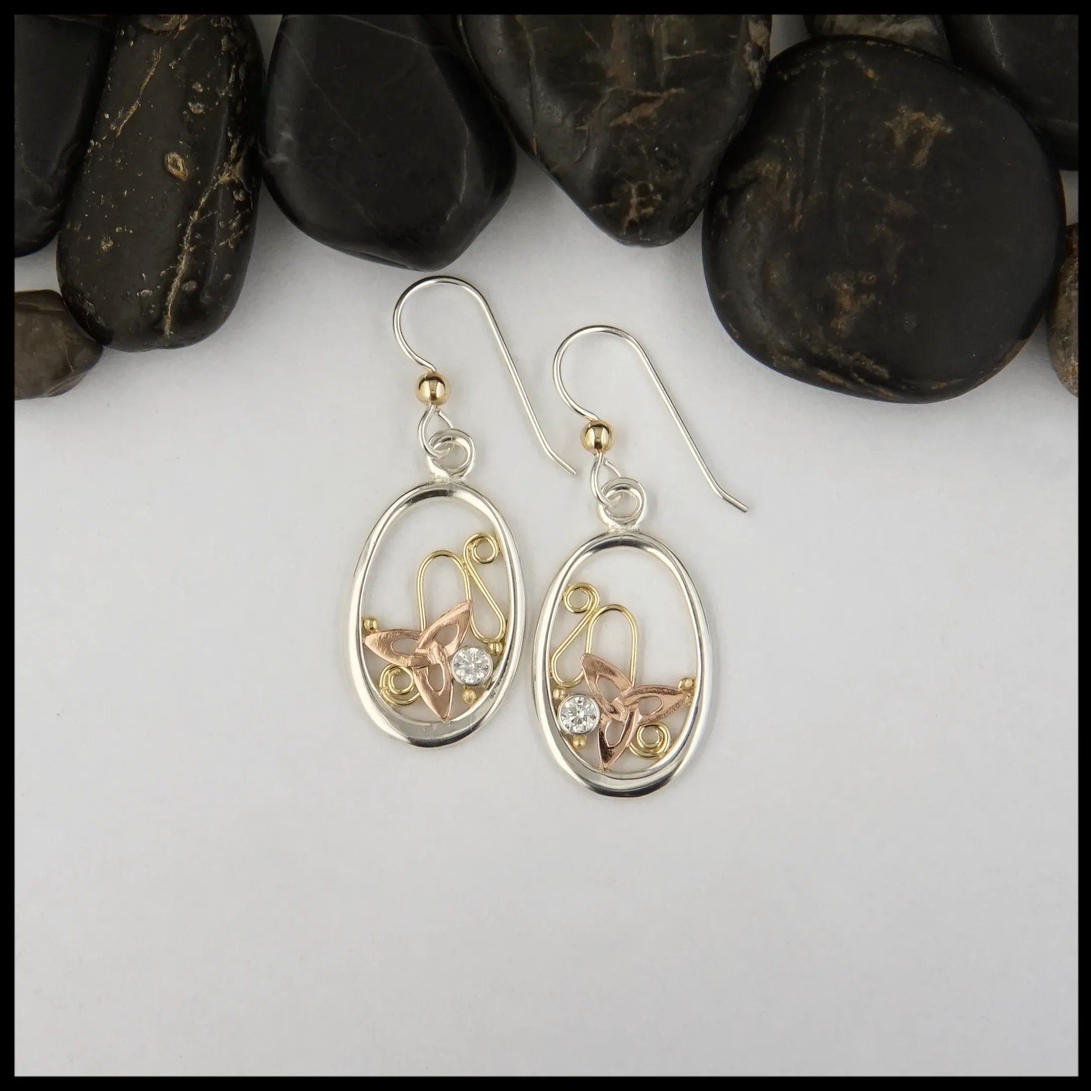 Celtic Trinity Knot & Diamond Oval Earrings in Silver and Gold