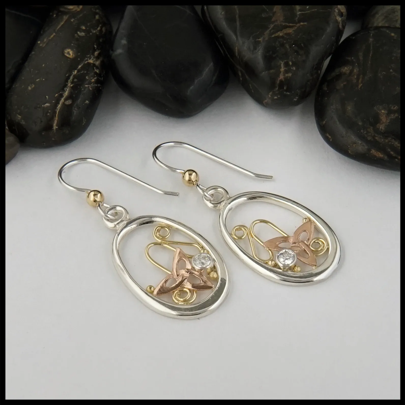 Celtic Trinity Knot & Diamond Oval Earrings in Silver and Gold