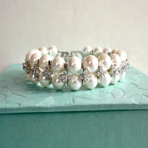 Classic Two Strand CZ Crystal Bridal Pearl Cuff Bracelet, Cubic Zirconia Pearl Wedding Bracelet, Art Deco Link Bracelet, Vintage Style Cuff