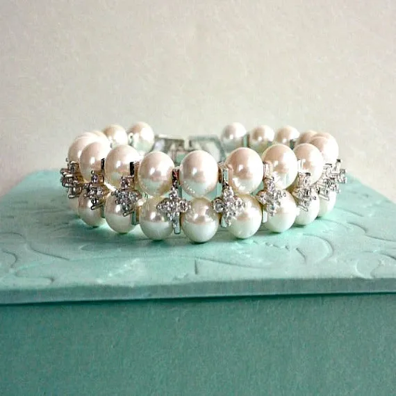 Classic Two Strand CZ Crystal Bridal Pearl Cuff Bracelet, Cubic Zirconia Pearl Wedding Bracelet, Art Deco Link Bracelet, Vintage Style Cuff