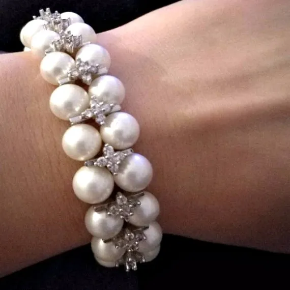 Classic Two Strand CZ Crystal Bridal Pearl Cuff Bracelet, Cubic Zirconia Pearl Wedding Bracelet, Art Deco Link Bracelet, Vintage Style Cuff