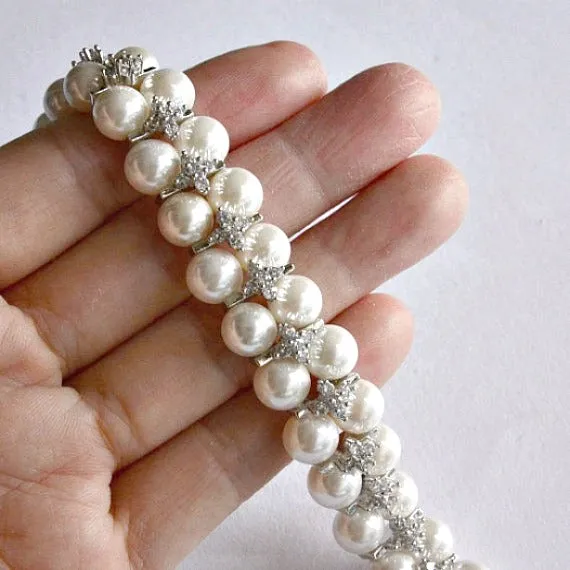 Classic Two Strand CZ Crystal Bridal Pearl Cuff Bracelet, Cubic Zirconia Pearl Wedding Bracelet, Art Deco Link Bracelet, Vintage Style Cuff