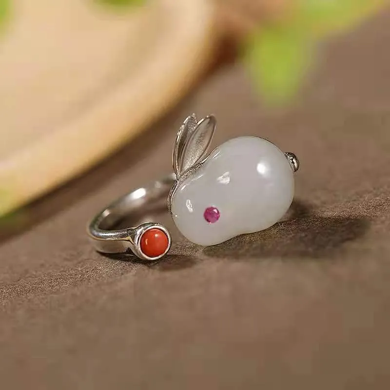 Cute Ring With Hetian Jade Stud Earrings In Sterling Silver