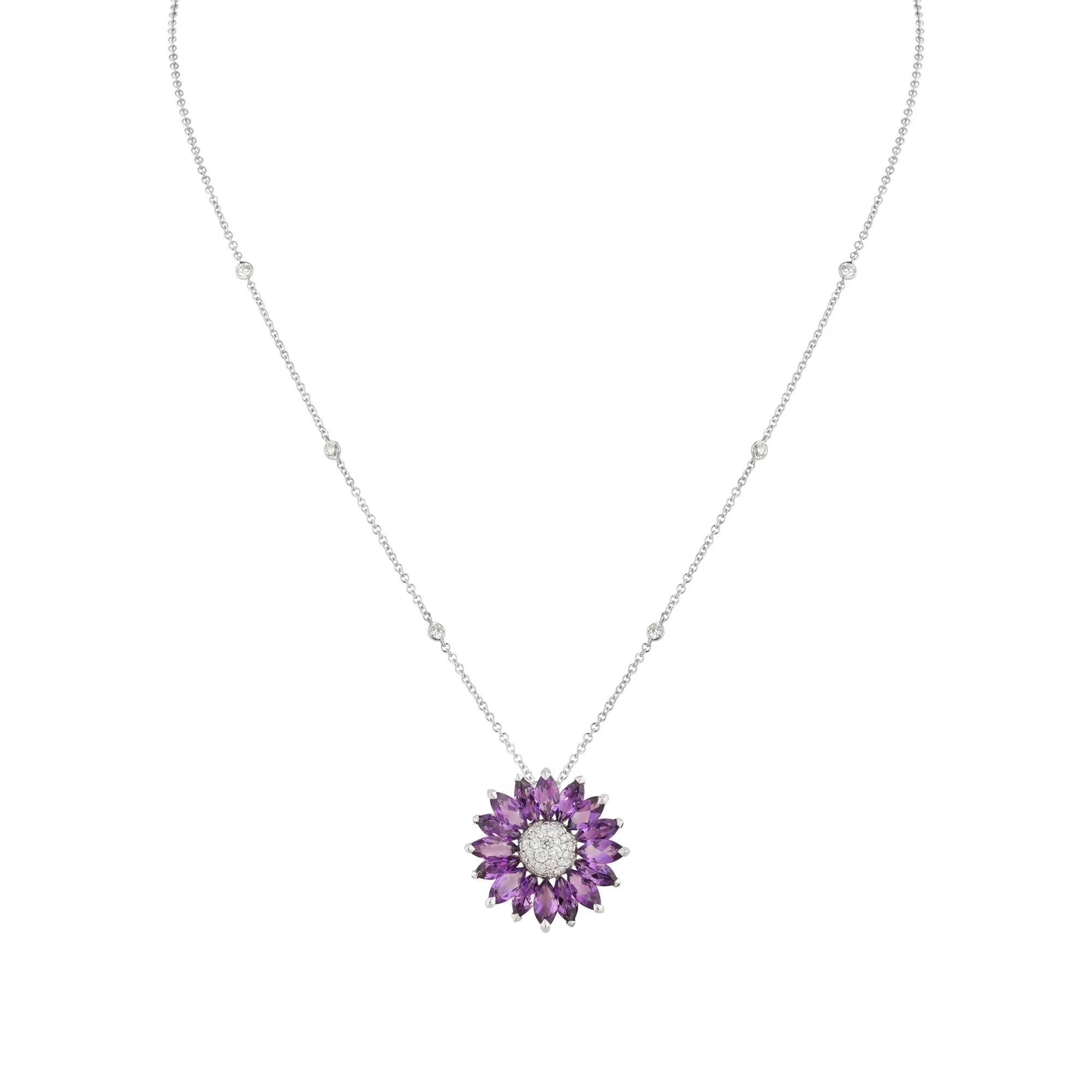 Daisy Medium Pendant in 18ct White Gold with Amethyst and Diamonds