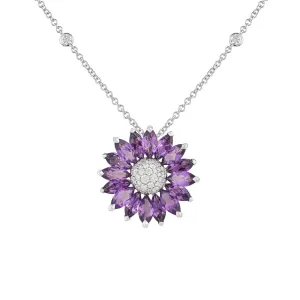 Daisy Medium Pendant in 18ct White Gold with Amethyst and Diamonds
