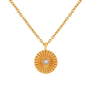 Delicate Vintage Blue Topaz Fluted Medallion Coin Pendant Necklace Gold