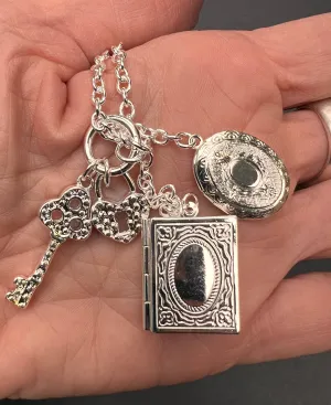 Double Locket, Key and Padlock Silver Necklace