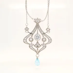 Edwardian Style Necklace with Blue Topaz Drop and CZ centre in Sterling Silver