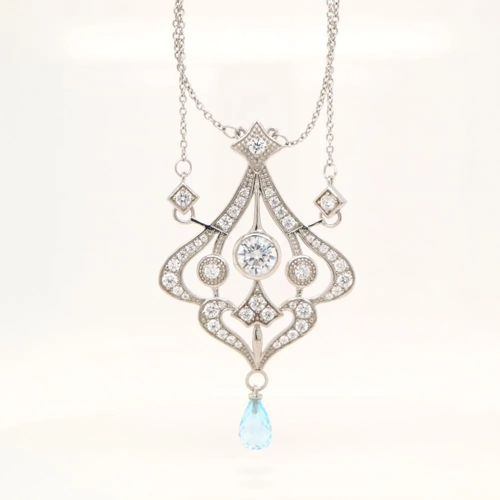 Edwardian Style Necklace with Blue Topaz Drop and CZ centre in Sterling Silver