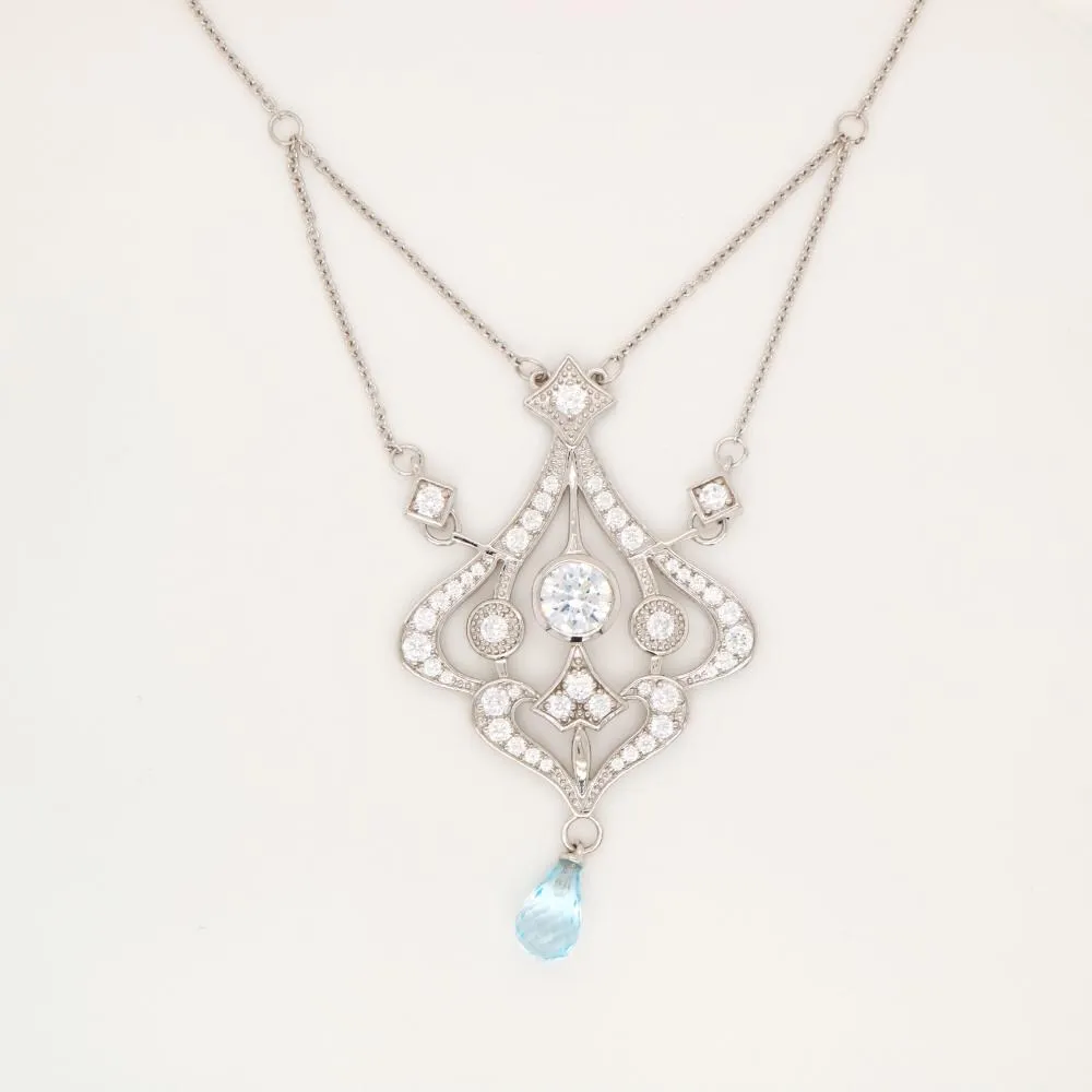 Edwardian Style Necklace with Blue Topaz Drop and CZ centre in Sterling Silver
