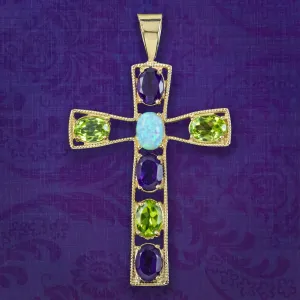 Edwardian Style Suffragette Cross Pendant Amethyst Peridot Opal