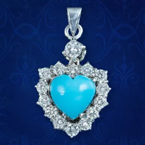 Edwardian Style Turquoise Diamond Heart Pendant Platinum