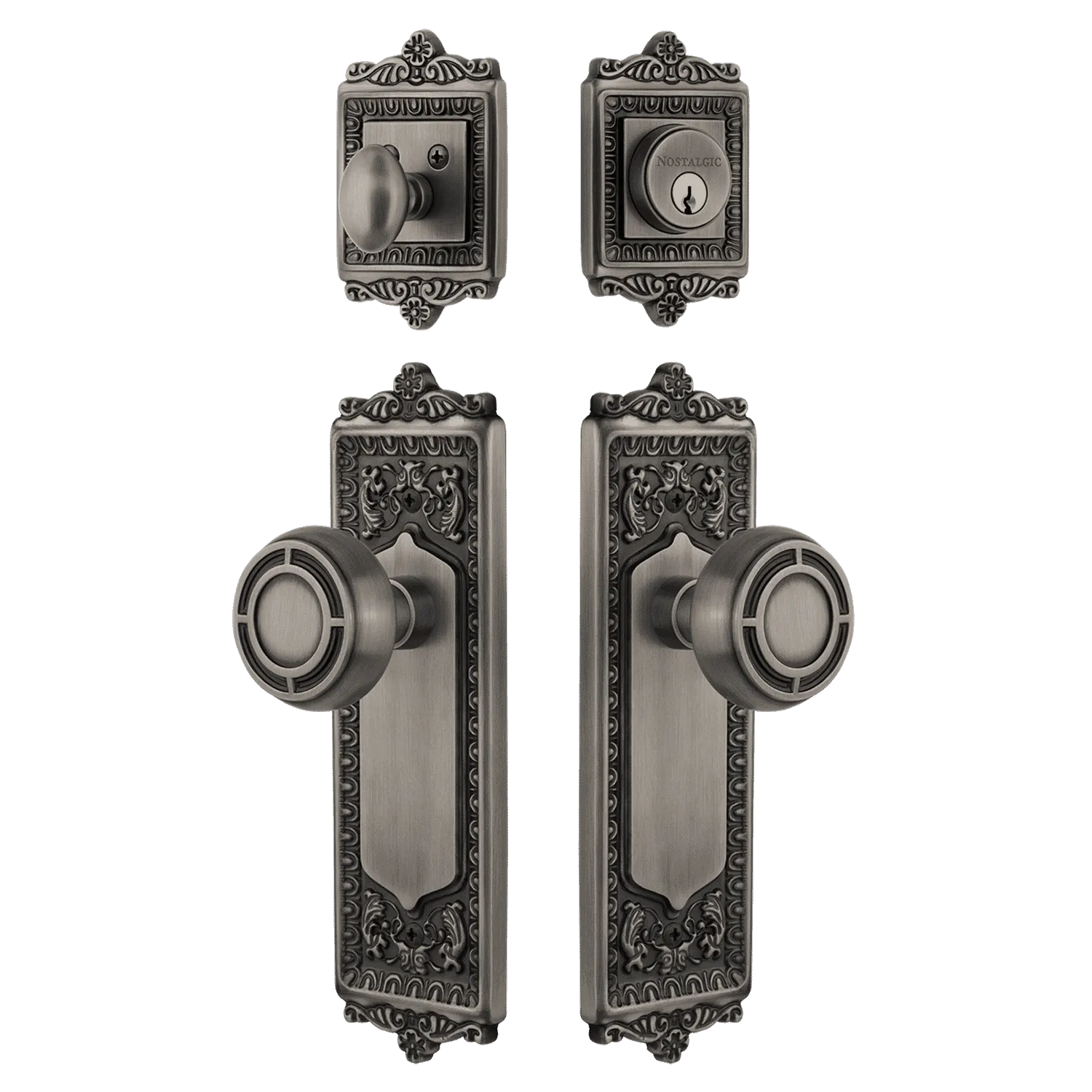 Egg & Dart Entry Set with Mission Knob in Antique Pewter
