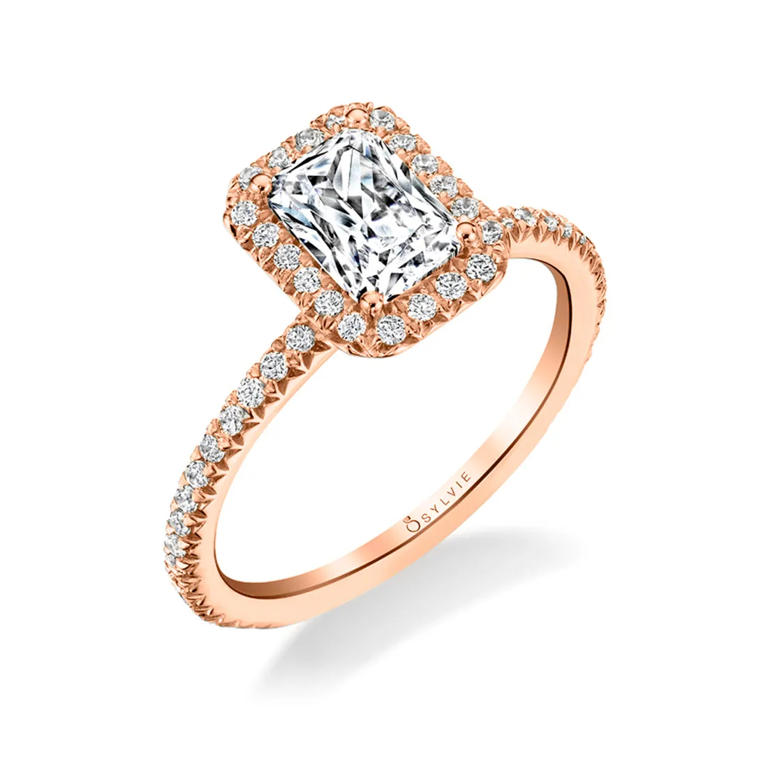Emerald Cut Classic Halo Engagement Ring - Vivian 14k Gold Rose