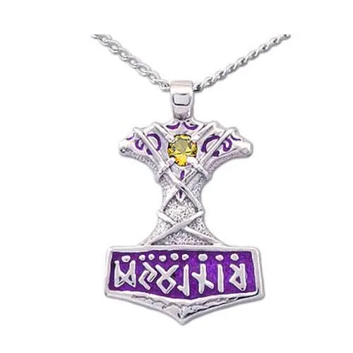 Enameled Ornate Thor's Hammer Necklace with Gemstone