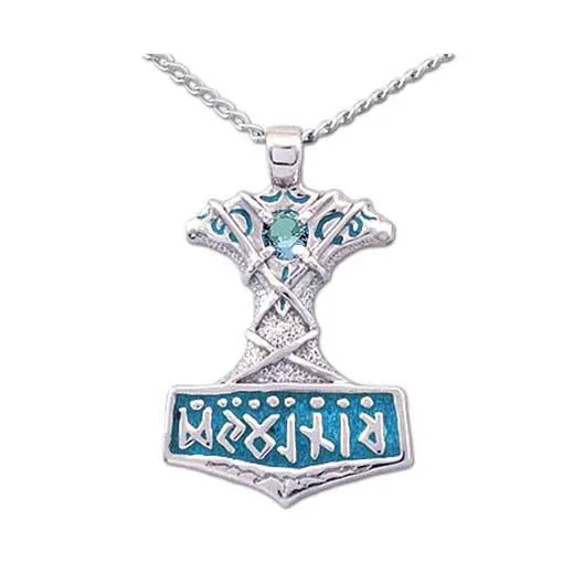 Enameled Ornate Thor's Hammer Necklace with Gemstone