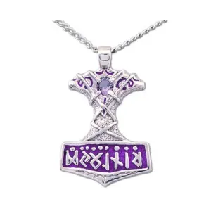 Enameled Ornate Thor's Hammer Necklace with Gemstone