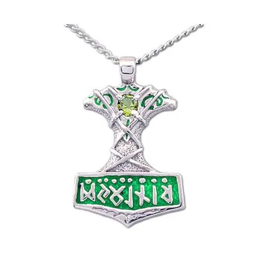 Enameled Ornate Thor's Hammer Necklace with Gemstone