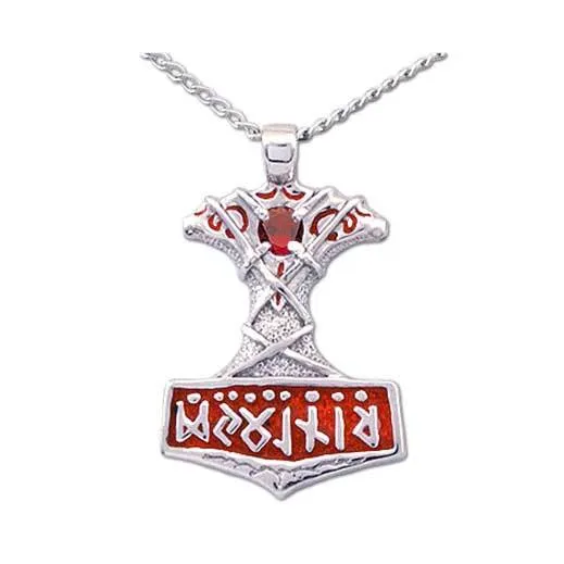 Enameled Ornate Thor's Hammer Necklace with Gemstone