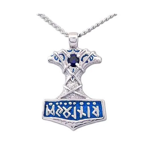 Enameled Ornate Thor's Hammer Necklace with Gemstone