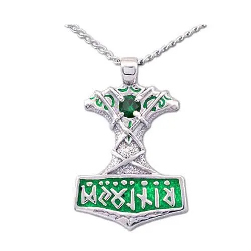 Enameled Ornate Thor's Hammer Necklace with Gemstone