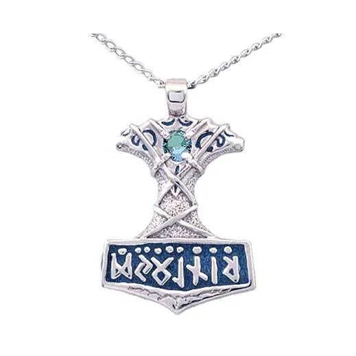 Enameled Ornate Thor's Hammer Necklace with Gemstone