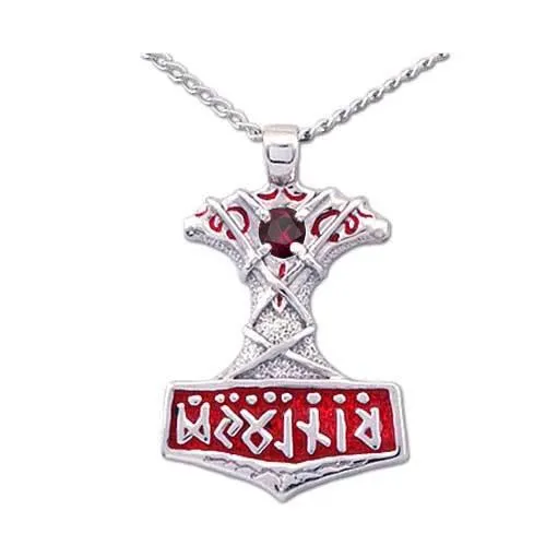 Enameled Ornate Thor's Hammer Necklace with Gemstone