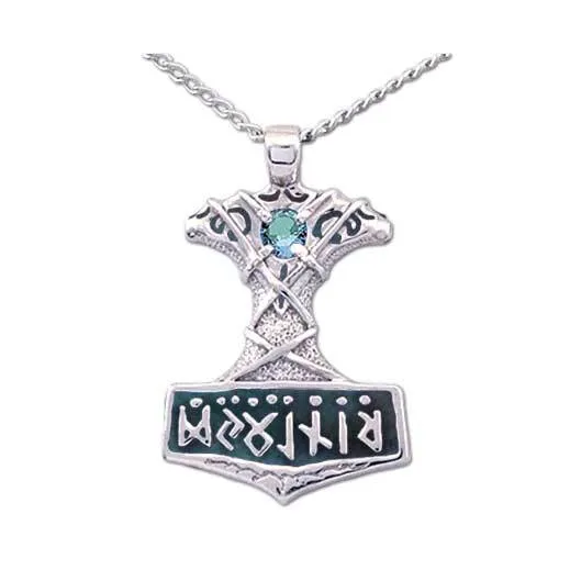 Enameled Ornate Thor's Hammer Necklace with Gemstone