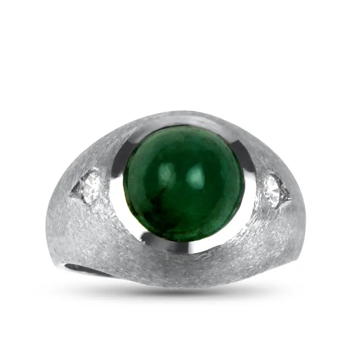 Estate White Gold Gents Cabochon Emerald and Diamond Ring