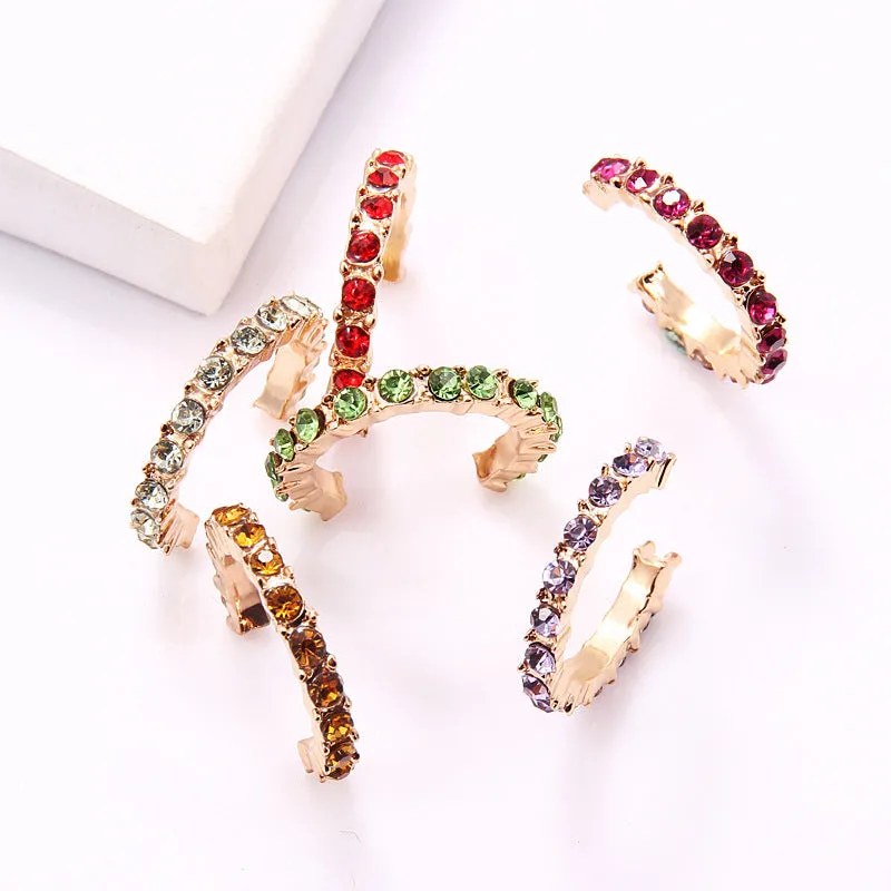European And American Metal Shiny Full Drilling Ear Clip Personalized Fashion Exaggerated Geometric Multicolor Colored Diamond Set Non Ear Hole Earrings For Women