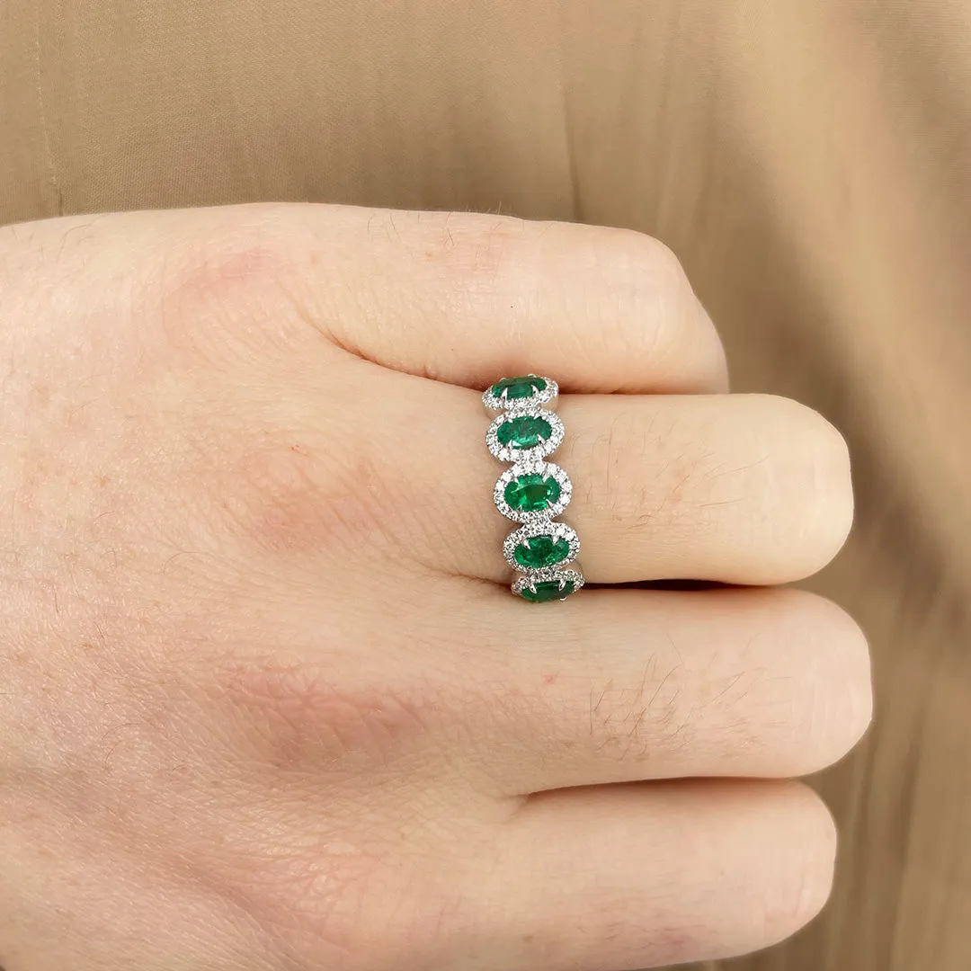 Five Stone Oval Emerald & Diamond Halo 14K White Gold Ring