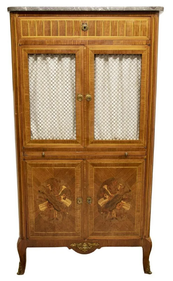 FRENCH MARBLE-TOP MARQUETRY SHEET MUSIC CABINET, 19th century ( 1800s )