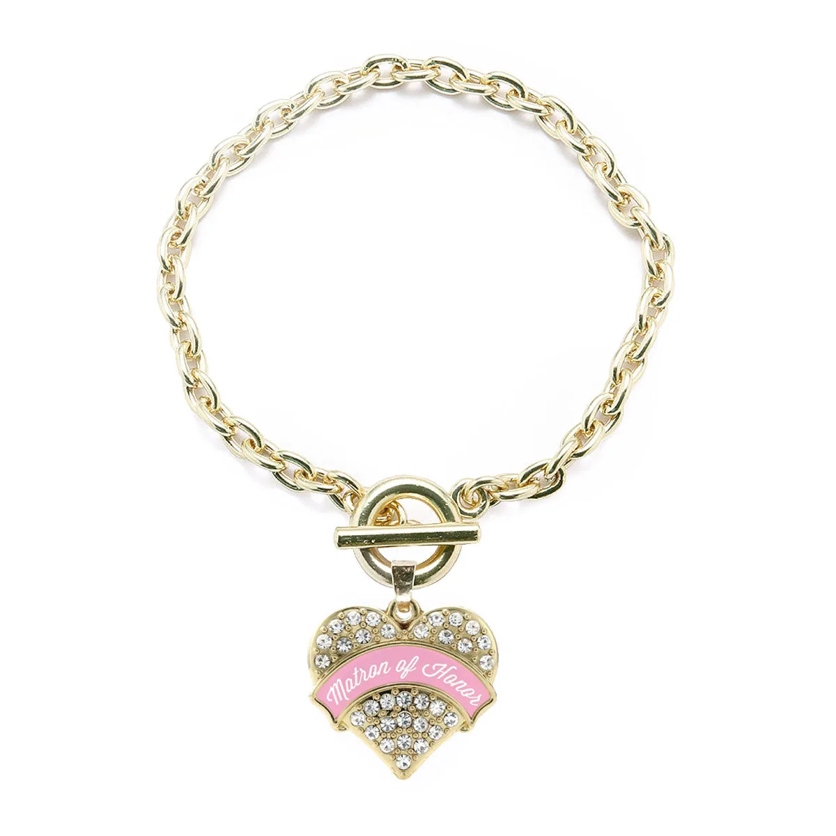 Gold Light Pink Matron of Honor Pave Heart Charm Toggle Bracelet