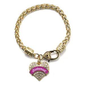 Gold Magenta Bridesmaid Pave Heart Charm Braided Bracelet