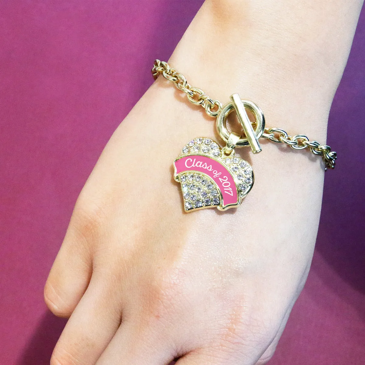 Gold Pink Class of 2017 Pave Heart Charm Toggle Bracelet