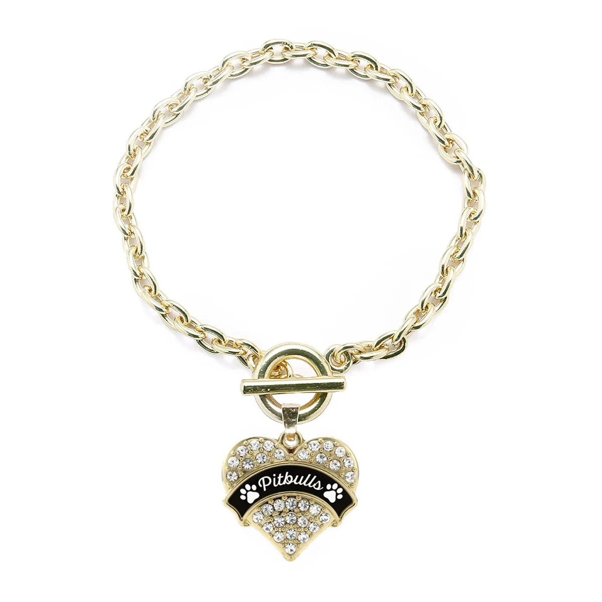 Gold Pitbulls - Paw Prints Pave Heart Charm Toggle Bracelet