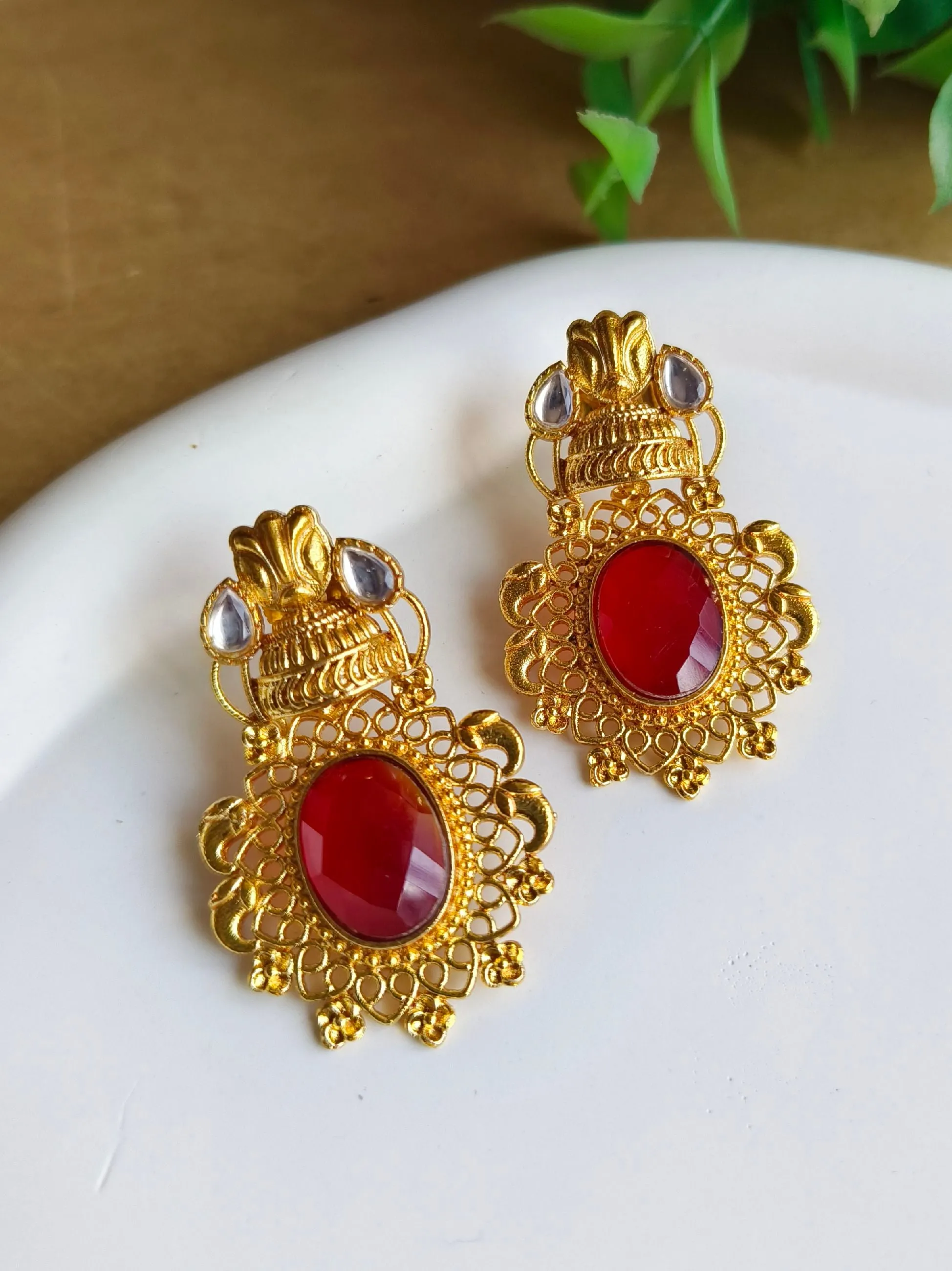 Gold-Plated Dangler Earrings with Jade & Monalisa Stones | Sarichka