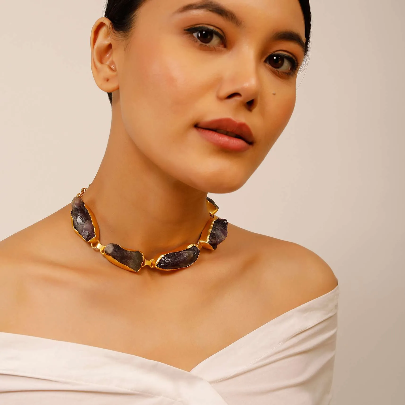 Gold Plated Necklace With Amethyst Purple Semi Precious Uncut Stones
