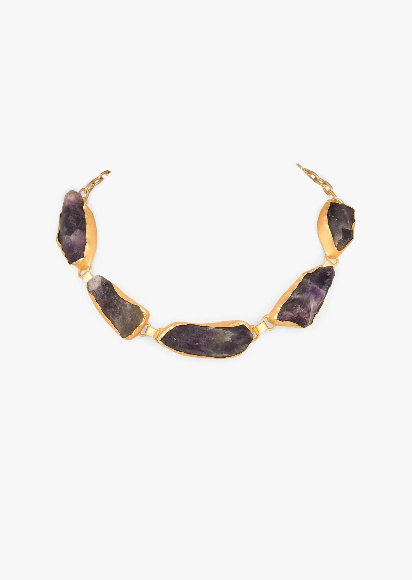 Gold Plated Necklace With Amethyst Purple Semi Precious Uncut Stones