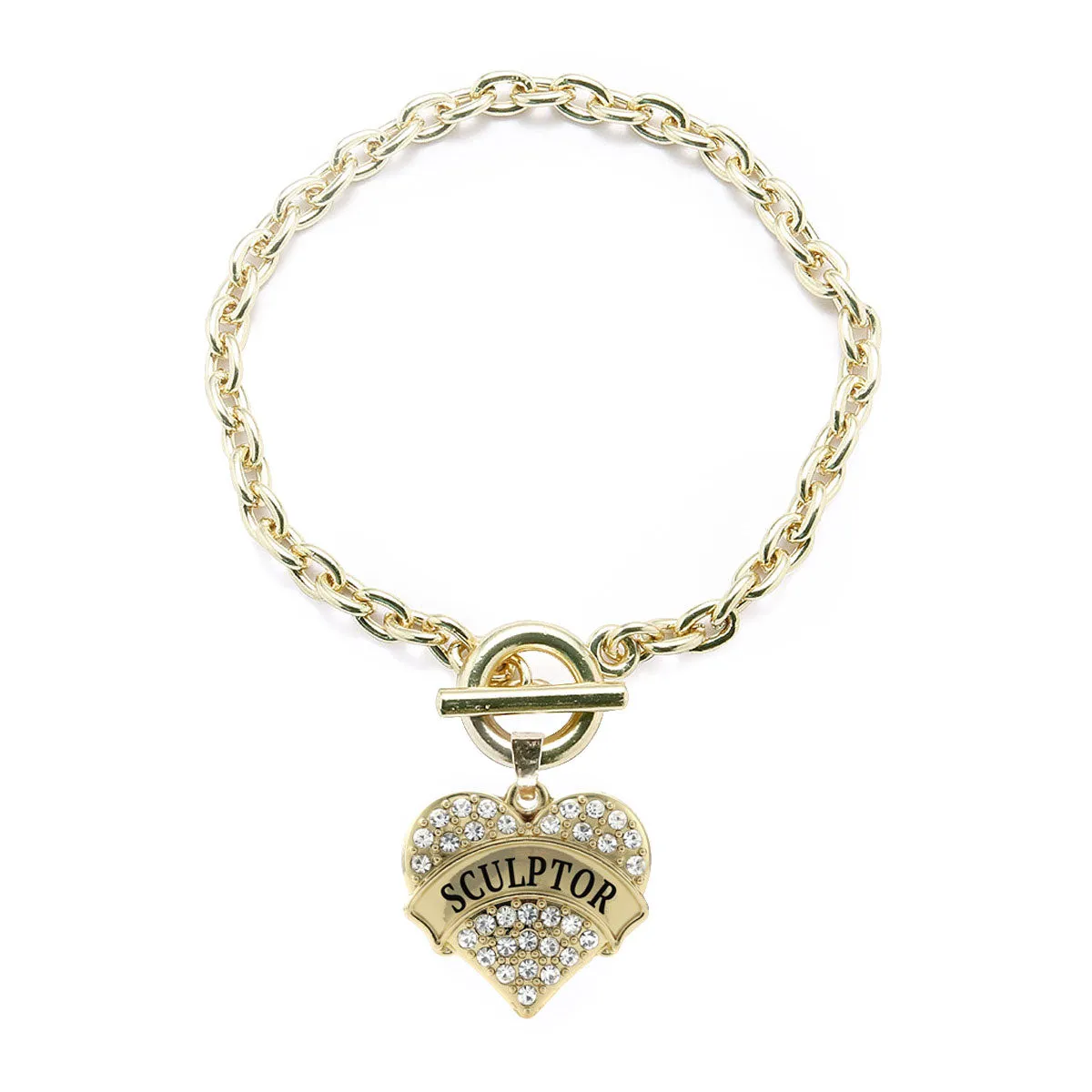 Gold Sculptor Pave Heart Charm Toggle Bracelet