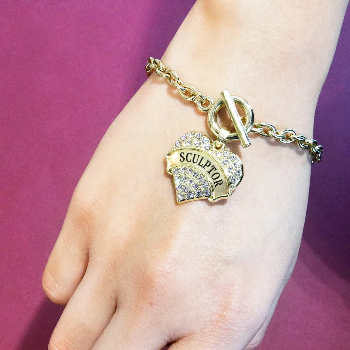 Gold Sculptor Pave Heart Charm Toggle Bracelet