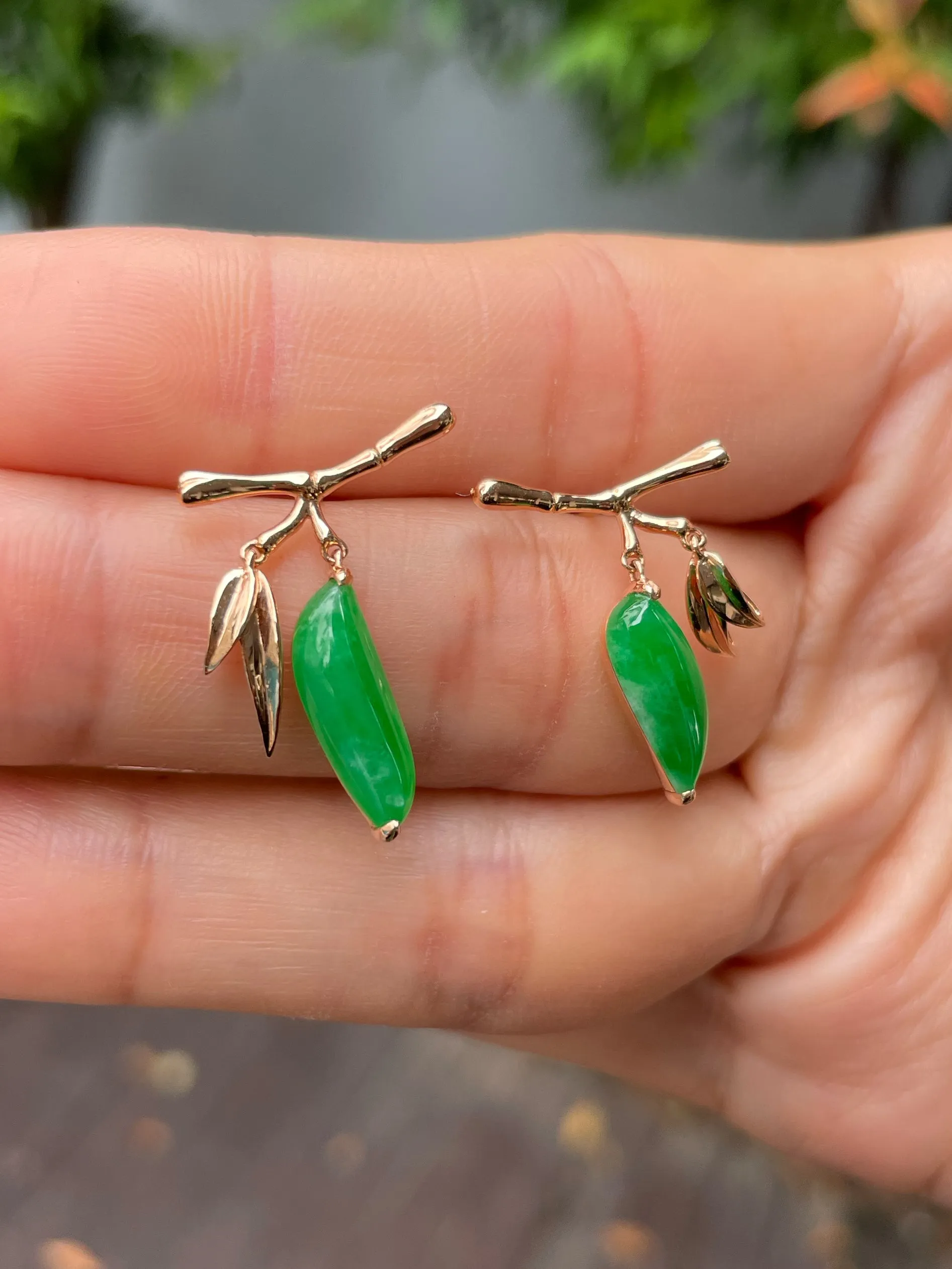 Green Jade Earrings - Bamboo Leaves (NJE229)