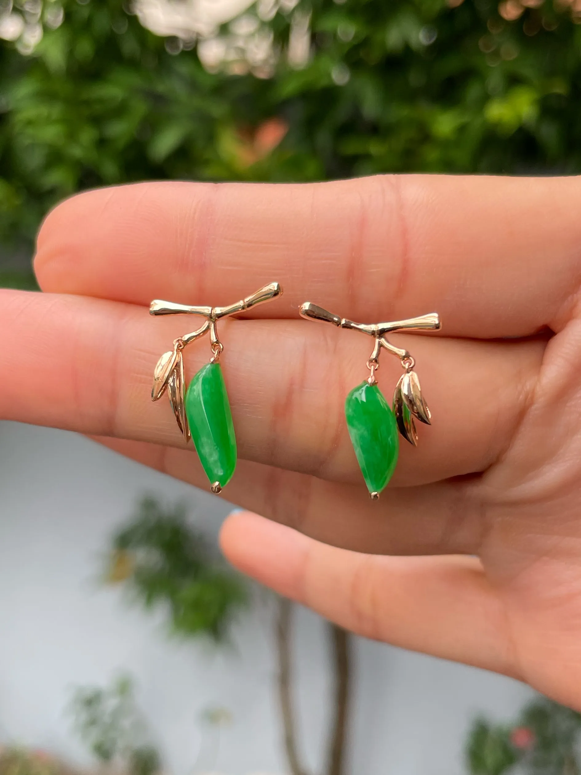 Green Jade Earrings - Bamboo Leaves (NJE229)