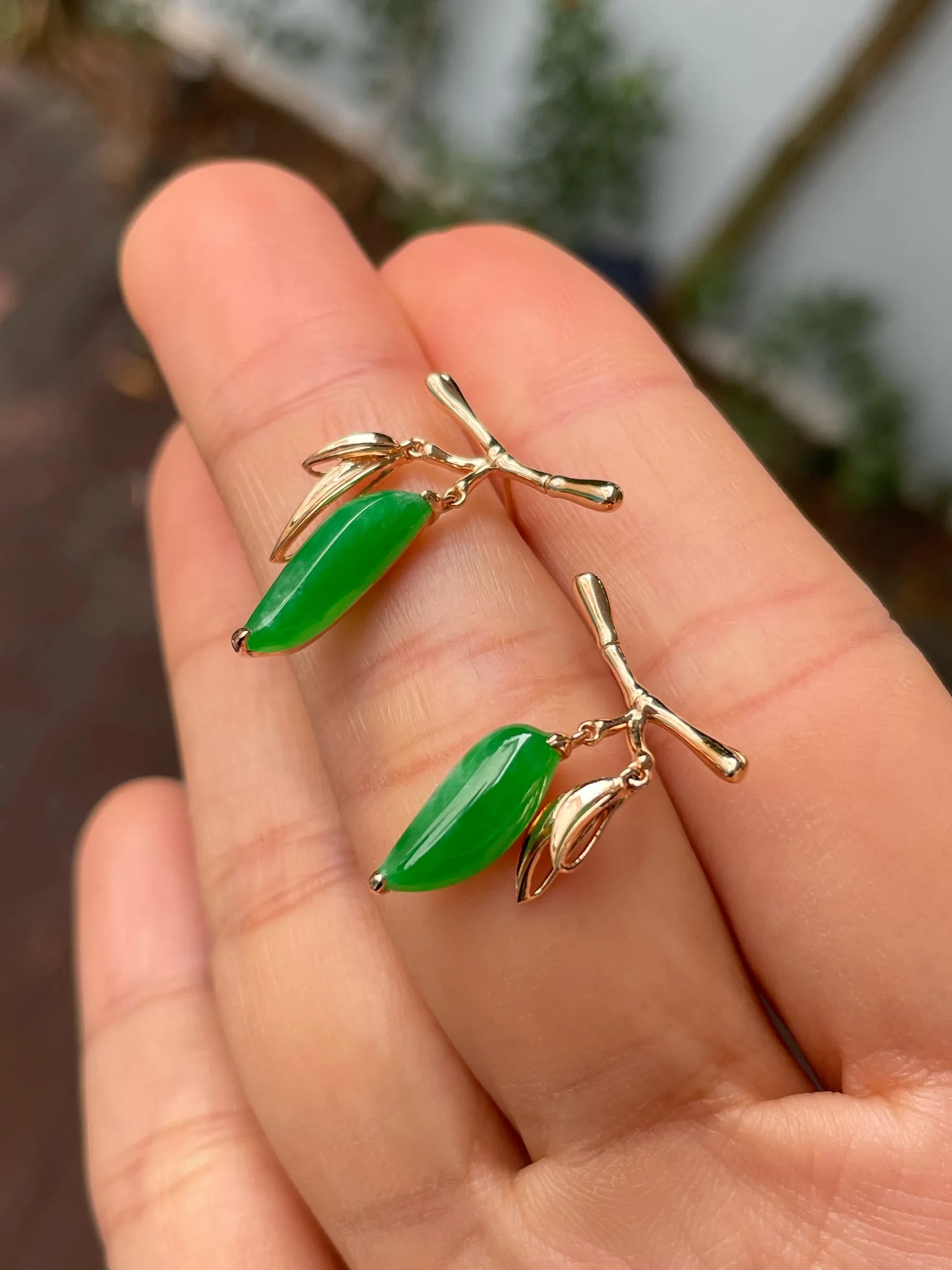 Green Jade Earrings - Bamboo Leaves (NJE229)
