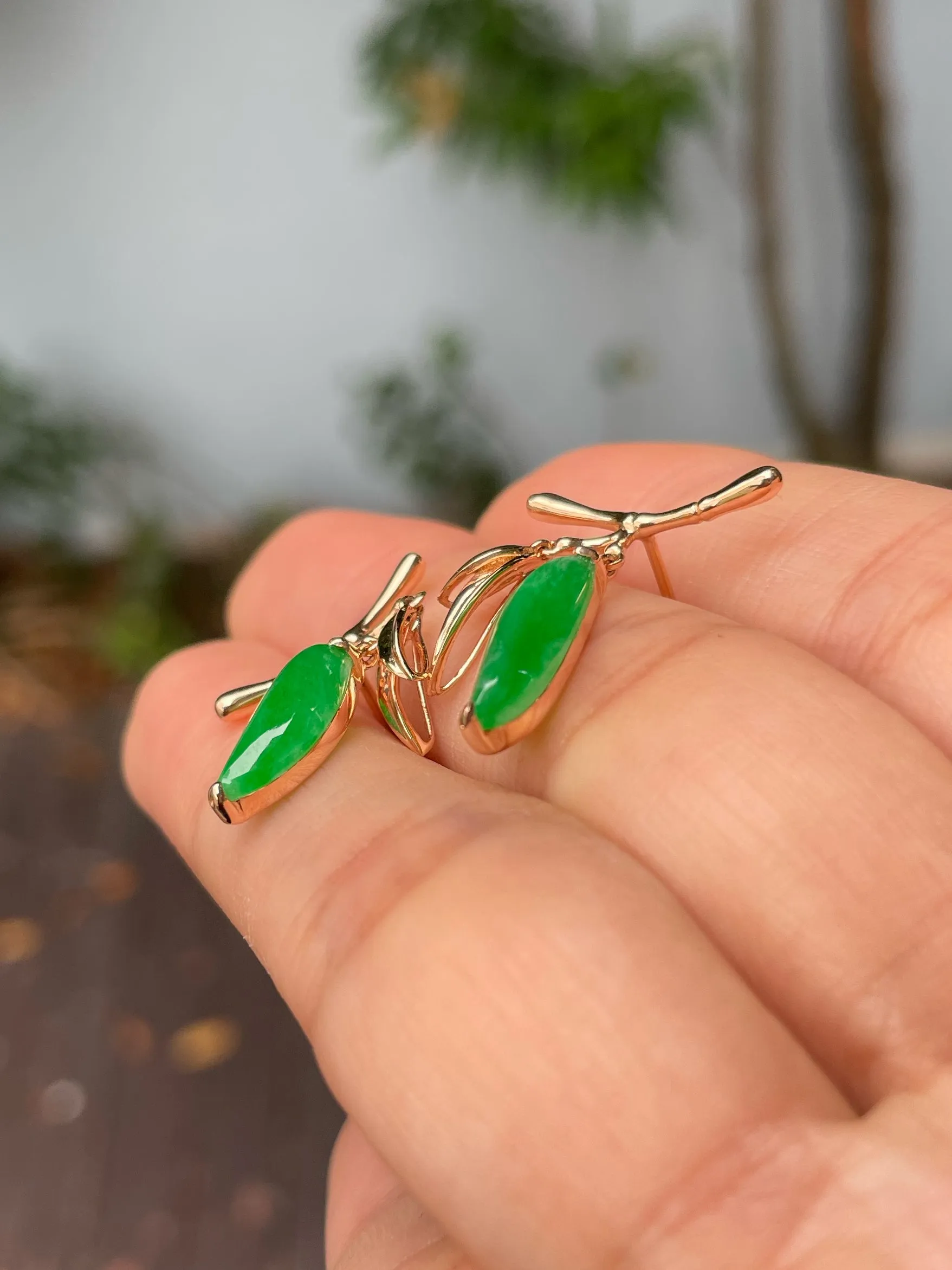 Green Jade Earrings - Bamboo Leaves (NJE229)