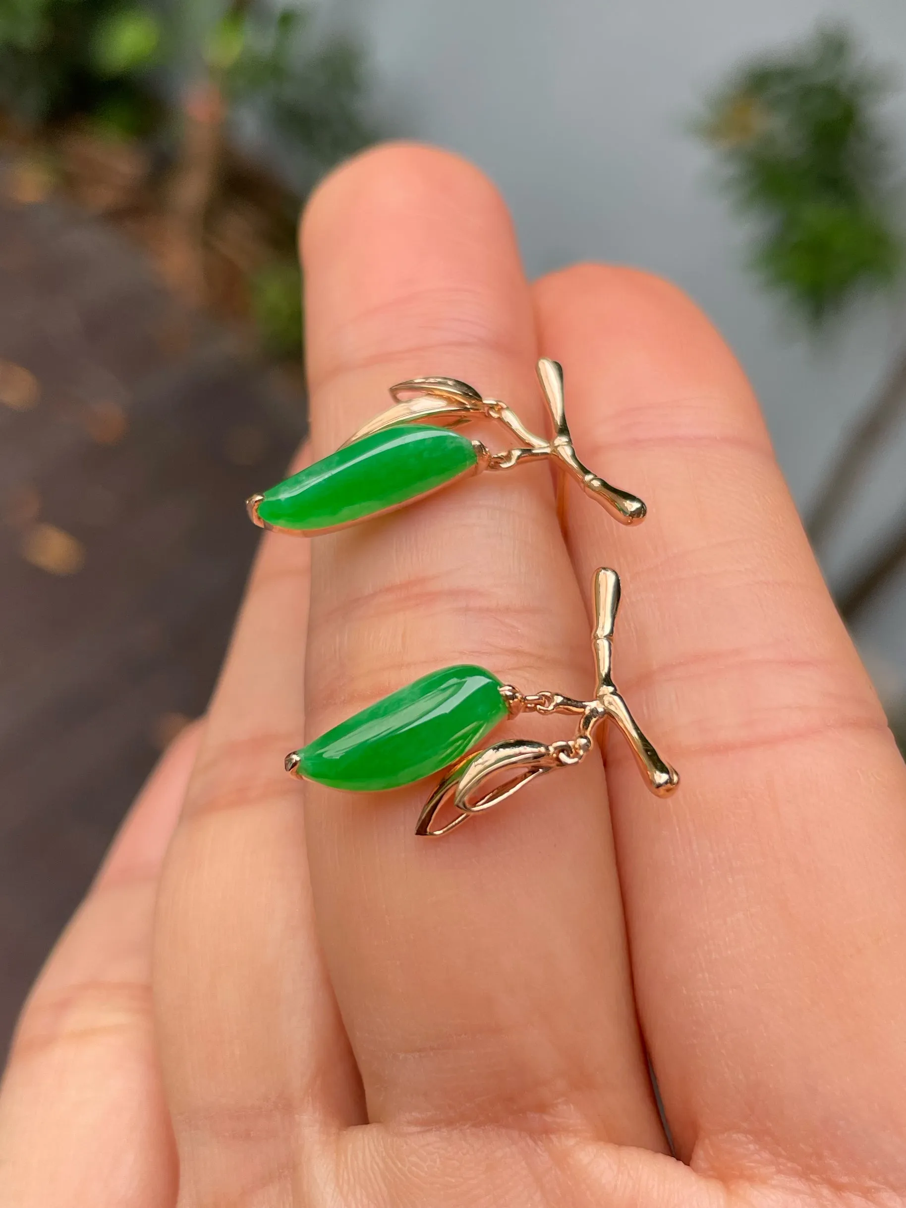 Green Jade Earrings - Bamboo Leaves (NJE229)