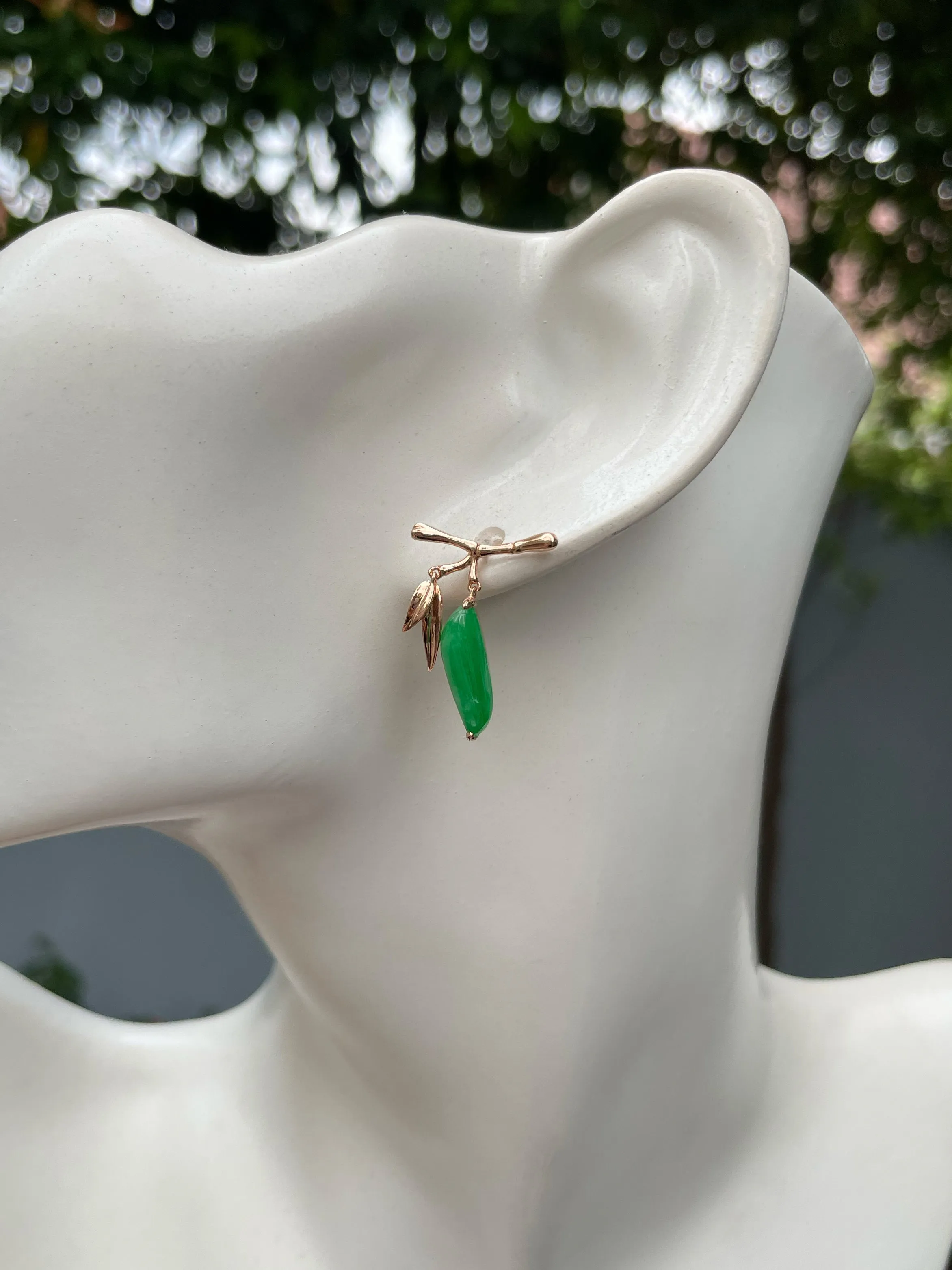 Green Jade Earrings - Bamboo Leaves (NJE229)